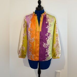Current Air Colorblock Floral Tie-Neck Blouse in Orange, Purple & Lime
